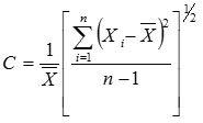 The coefficient of variation, calculated by the equation “C equals one divided by x bar multiplied by, open square bracket, sum from i equals one to n, open parenthesis, x sub i minus x bar, close parenthesis, squared, divided by n minus one, close square bracket, to the power of one half”