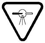 Warning symbol consisting of an inverted triangle that contains a tube with a circle in the middle of it from which three dashed lines emerge.
