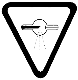Warning sign, bearing the words “CAUTION: X-RAYS — ATTENTION : RAYONS”, described by an inverted triangle containing a tube with a circle in the middle emitting dashed lines