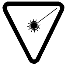 Warning sign, bearing the words “Caution - Hazardous laser and electromagnetic radiation when open and interlock defeated” — “Attention - Rayonnement laser et electromagnétique dangereux si ouvert avec l’enclenchement de sécurité annulé”, consisting of an inverted triangle containing a spark with a line attached going to the top right corner.