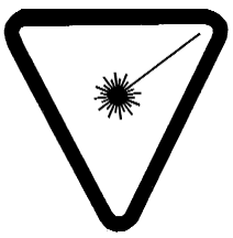 Warning sign, bearing the words “CAUTION LASER, TO AVOID EYE DAMAGE DO NOT LOOK INTO BEAM — ATTENTION LASER, POUR ÉVITER DES DOMMAGES AUX YEUX NE PAS REGARDER DANS LE FAISCEAU”, consisting of an inverted triangle containing a spark with a line attached going to the top right corner.