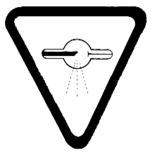 Warning sign, bearing the words “Caution: X-Rays — Attention: Rayons X”, described by an inverted triangle containing a tube with a circle in the middle emitting dashed lines
