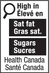 This figure shows a nutrition symbol for the principal display panel that indicates that a prepackaged product is high in saturated fat and sugars. This symbol is bilingual, with the English text shown first, followed by the French text. There is a white rectangular box outlined by a thin black line. At the top left of the box is a black magnifying glass. To the right of the magnifying glass is a heading composed of the words “High in” above the words “Élevé en” in black, bold, lower case letters, except that the first letter of the words “High” and “Élevé” are in upper case. Under the heading are two bars that are stacked. There is a small amount of white space between each bar, as well as between both ends of the bars and the thin black line that outlines the box. The first bar is black and contains the words “Sat fat” above the words “Gras sat.” in white, bold, lower case letters, except that the first letter of the words “Sat” and “Gras” are in upper case. The second bar is black and contains the word “Sugars” above the word “Sucres” in white, bold, lower case letters, except that the first letter of each word is in upper case. Centred at the bottom of the box are the words “Health Canada” above the words “Santé Canada” in black, lower case letters, except that the first letter of each word is in upper case.