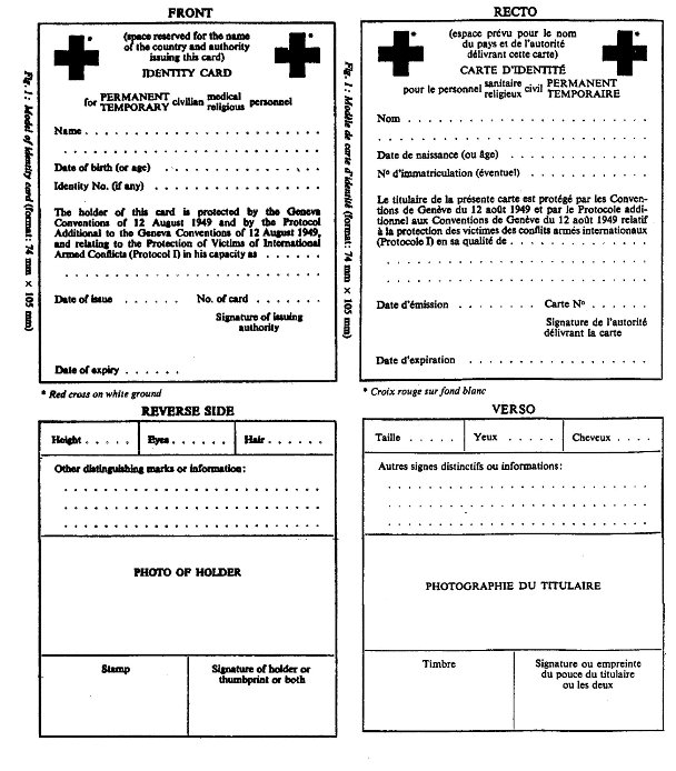 Model of an International Committee of the Red Cross (ICRC) identity card (format: 74 mm x 105 mm), front and reverse side views.