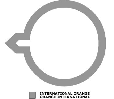 Grey outline of a circle with an arrow pointing to the left. There is also a grey shade box signifying International Orange.