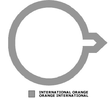 Grey outline of a circle with an arrow pointing to the right. There is also a grey shade box signifying International Orange.
