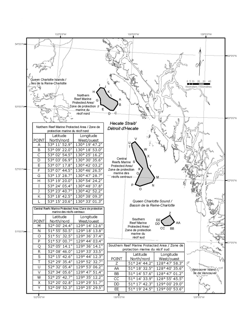 Schedule 1 is a map depicting the location of the three Marine Protected Areas within Hecate Strait and Queen Charlotte Sound. The Schedule also includes three tables setting out the geographic coordinates of the Marine Protected Areas.