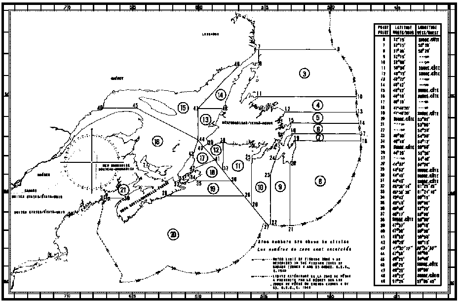 Map of Capelin Fishing Areas with latitude and longitude coordinates for forty-four points outlining the areas
