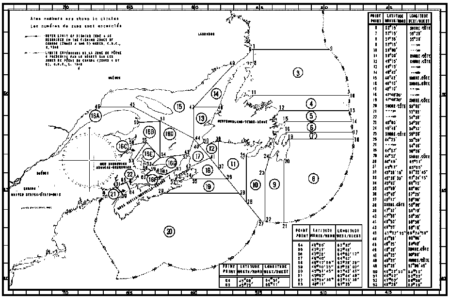 Map of Herring Fishing Areas with latitude and longitude coordinates for sixty points outlining the areas