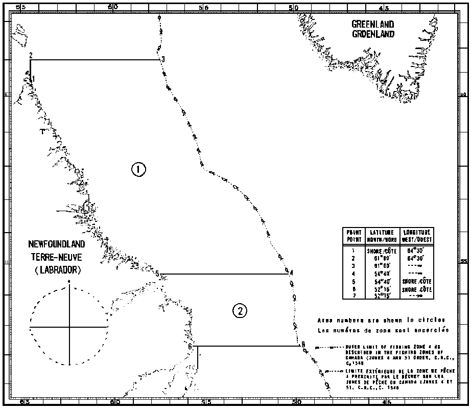 Map of Crab Fishing Areas with latitude and longitude coordinates for seven points outlining the areas