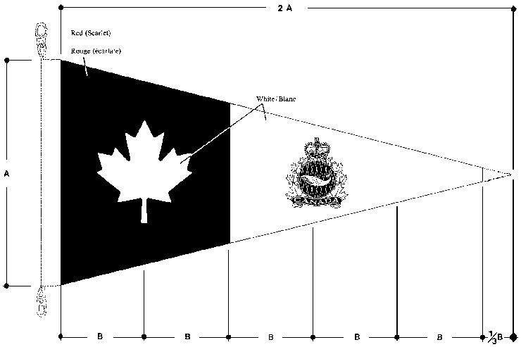 Fisheries Patrol-Boat pennant, with specifications, in the shape of a triangle that is sideways with the end pointing towards the right. The pennant has a white maple leaf on a black background on the left side, and on the right side on a white background, a crown above a fish in a circle surrounded by maple leaves with the word Canada below.