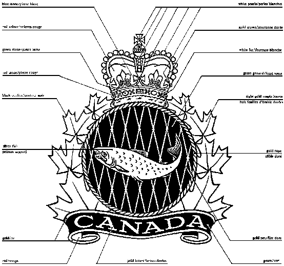 Crown above a fish in a circle surrounded by maple leaves with the word Canada below with colour specifications listed.
