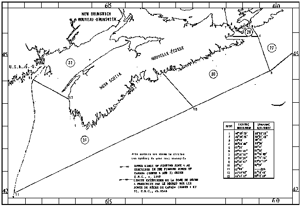Carte des zones de pêche du phoque avec les coordonnées géographiques en latitude et longitude de 13 points délimitant ces zones.