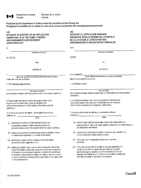 L02 Affidavit in Support of an Application under Part III of the Family Orders and Agreements Enforcement Assistance Act form