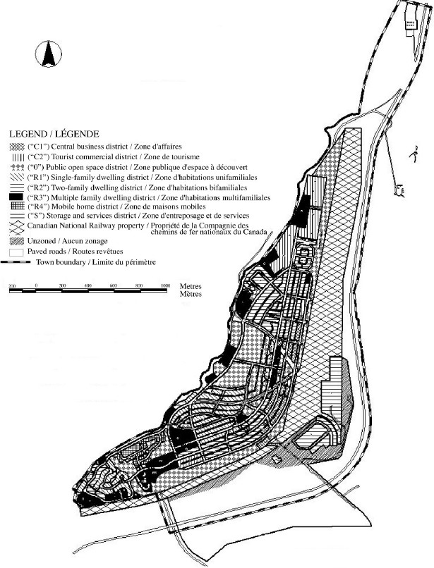Carte du zonage du périmètre urbain de Jasper. La légende décrit les symboles utilisés pour représenter chaque zone.