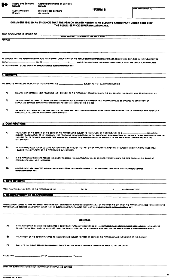 Form B Document issued as evidence that the person named herein is an elective participant under Part II of the Public Service Superannuation Act