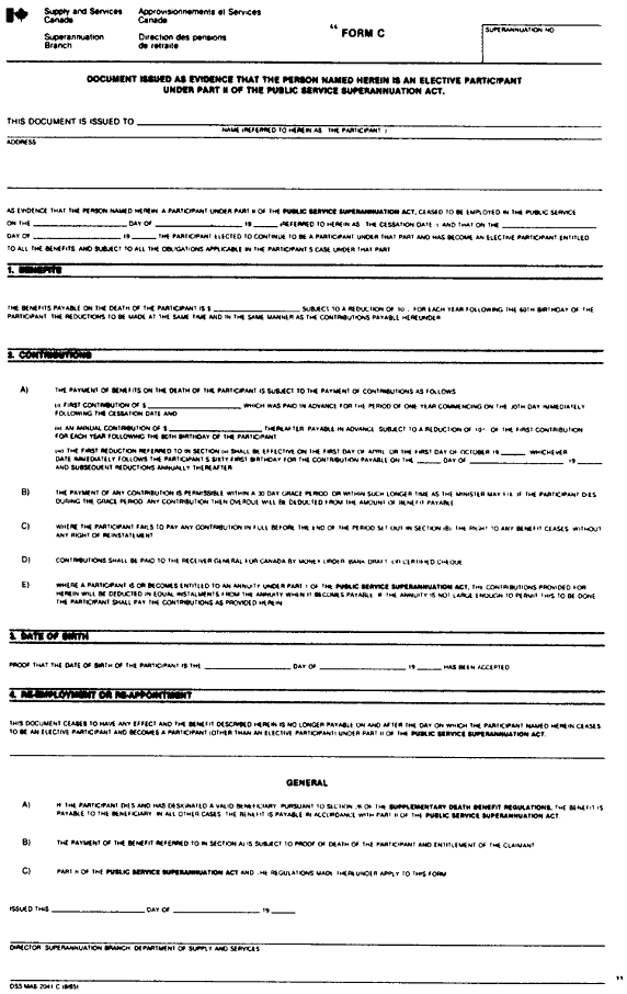 Form C Document issued as evidence that the person named herein is an elective participant under Part II of the Public Service Superannuation Act