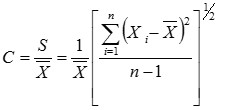 Le coefficient de variation, calculé au moyen de l’équation “C est égal à S divisé par X barré lequel est aussi égal à un divisé par X barré multiplié par, ouvrir la parenthèse carrée, somme de i égale à un jusqu`a n, ouvrir la parenthèse, x indice i moins X barré, fermer la parenthèse, au carré, divisé par n moins un, fermer la parenthèse carrée, à la puissance une demie”