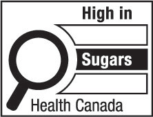 This figure shows a nutrition symbol for the principal display panel that indicates that a prepackaged product is high in sugars. This symbol is in English only. There is a white rectangular box outlined by a thin black line. At the top of the box is the heading “High in” in black, bold, lower case letters, except that the first letter of the first word is in upper case. Under the heading is a left-justified black magnifying glass with three bars stacked to its right. There is a small amount of white space between the magnifying glass and the left side of the three bars. This left side forms a concave curve that follows the curvature of the magnifying glass. There is a small amount of white space between each bar, as well as between the right side of the bars and the thin black line that outlines the box. The first and third bars are white, are outlined by a thin black line and contain no words. The second bar is black and contains the word “Sugars” in white, bold, lower case letters, except that the first letter is in upper case. Centred at the bottom of the box are the words “Health Canada” in black, lower case letters, except that the first letter of each word is in upper case.