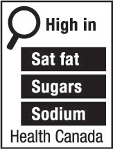 This figure shows a nutrition symbol for the principal display panel that indicates that a prepackaged product is high in saturated fat, sugars and sodium. This symbol is in English only. There is a white rectangular box outlined by a thin black line. At the top left of the box is a black magnifying glass. To the right of the magnifying glass is the heading “High in” in black, bold, lower case letters, except that the first letter of the first word is in upper case. Under the heading are three bars that are stacked. There is a small amount of white space between each bar, as well as between both ends of the bars and the thin black line that outlines the box. The first bar is black and contains the words “Sat fat” in white, bold, lower case letters, except that the first letter of the first word is in upper case. The second bar is black and contains the word “Sugars” in white, bold, lower case letters, except that the first letter is in upper case. The third bar is black and contains the word “Sodium” in white, bold, lower case letters, except that the first letter is in upper case. Centred at the bottom of the box are the words “Health Canada” in black, lower case letters, except that the first letter of each word is in upper case.