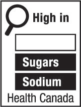 This figure shows a nutrition symbol for the principal display panel that indicates that a prepackaged product is high in sugars and sodium. This symbol is in English only. There is a white rectangular box outlined by a thin black line. At the top left of the box is a black magnifying glass. To the right of the magnifying glass is the heading “High in” in black, bold, lower case letters, except that the first letter of the first word is in upper case. Under the heading are three bars that are stacked. There is a small amount of white space between each bar, as well as between both ends of the bars and the thin black line that outlines the box. The first bar is white, is outlined by a thin black line and contains no words. The second bar is black and contains the word “Sugars” in white, bold, lower case letters, except that the first letter is in upper case. The third bar is black and contains the word “Sodium” in white, bold, lower case letters, except that the first letter is in upper case. Centred at the bottom of the box are the words “Health Canada” in black, lower case letters, except that the first letter of each word is in upper case.