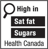 This figure shows a nutrition symbol for the principal display panel that indicates that a prepackaged product is high in saturated fat and sugars. This symbol is in English only. There is a white rectangular box outlined by a thin black line. At the top left of the box is a black magnifying glass. To the right of the magnifying glass is the heading “High in” in black, bold, lower case letters, except that the first letter of the first word is in upper case. Under the heading are two bars that are stacked. There is a small amount of white space between each bar, as well as between both ends of the bars and the thin black line that outlines the box. The first bar is black and contains the words “Sat fat” in white, bold, lower case letters, except that the first letter of the first word is in upper case. The second bar is black and contains the word “Sugars” in white, bold, lower case letters, except that the first letter is in upper case. Centred at the bottom of the box are the words “Health Canada” in black, lower case letters, except that the first letter of each word is in upper case.