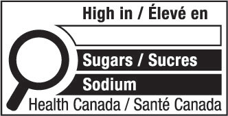 This figure shows a nutrition symbol for the principal display panel that indicates that a prepackaged product is high in sugars and sodium. This symbol is bilingual, with the English text shown first, followed by the French text. There is a white rectangular box outlined by a thin black line. At the top of the box is a heading composed of the words “High in” followed by a forward slash and the words “Élevé en” in black, bold, lower case letters, except that the first letter of the words “High” and “Élevé” are in upper case. Under the heading is a left-justified black magnifying glass with three bars stacked to its right. There is a small amount of white space between the magnifying glass and the left side of the three bars. This left side forms a concave curve that follows the curvature of the magnifying glass. There is a small amount of white space between each bar, as well as between the right side of the bars and the thin black line that outlines the box. The first bar is white, is outlined by a thin black line and contains no words. The second bar is black and contains the word “Sugars” followed by a forward slash and the word “Sucres” in white, bold, lower case letters, except that the first letter of each word is in upper case. The third bar is black and contains the word “Sodium” in white, bold, lower case letters, except that the first letter is in upper case. Centred at the bottom of the box are the words “Health Canada” followed by a forward slash and the words “Santé Canada” in black, lower case letters, except that the first letter of each word is in upper case.