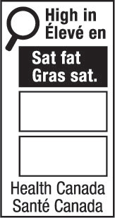 This figure shows a nutrition symbol for the principal display panel that indicates that a prepackaged product is high in saturated fat. This symbol is bilingual, with the English text shown first, followed by the French text. There is a white rectangular box outlined by a thin black line. At the top left of the box is a black magnifying glass. To the right of the magnifying glass is a heading composed of the words “High in” above the words “Élevé en” in black, bold, lower case letters, except that the first letter of the words “High” and “Élevé” are in upper case. Under the heading are three bars that are stacked. There is a small amount of white space between each bar, as well as between both ends of the bars and the thin black line that outlines the box. The first bar is black and contains the words “Sat fat” above the words “Gras sat.” in white, bold, lower case letters, except that the first letter of the words “Sat” and “Gras” are in upper case. The second and third bars are white, are outlined by a thin black line and contain no words. Centred at the bottom of the box are the words “Health Canada” above the words “Santé Canada” in black, lower case letters, except that the first letter of each word is in upper case.