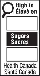 This figure shows a nutrition symbol for the principal display panel that indicates that a prepackaged product is high in sugars. This symbol is bilingual, with the English text shown first, followed by the French text. There is a white rectangular box outlined by a thin black line. At the top left of the box is a black magnifying glass. To the right of the magnifying glass is a heading composed of the words “High in” above the words “Élevé en” in black, bold, lower case letters, except that the first letter of the words “High” and “Élevé” are in upper case. Under the heading are three bars that are stacked. There is a small amount of white space between each bar, as well as between both ends of the bars and the thin black line that outlines the box. The first and third bars are white, are outlined by a thin black line and contain no words. The second bar is black and contains the word “Sugars” above the word “Sucres” in white, bold, lower case letters, except that the first letter of each word is in upper case. Centred at the bottom of the box are the words “Health Canada” above the words “Santé Canada” in black, lower case letters, except that the first letter of each word is in upper case.