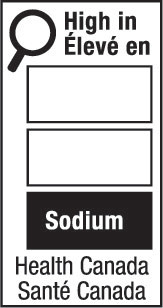 This figure shows a nutrition symbol for the principal display panel that indicates that a prepackaged product is high in sodium. This symbol is bilingual, with the English text shown first, followed by the French text. There is a white rectangular box outlined by a thin black line. At the top left of the box is a black magnifying glass. To the right of the magnifying glass is a heading composed of the words “High in” above the words “Élevé en” in black, bold, lower case letters, except that the first letter of the words “High” and “Élevé” are in upper case. Under the heading are three bars that are stacked. There is a small amount of white space between each bar, as well as between both ends of the bars and the thin black line that outlines the box. The first and second bars are white, are outlined by a thin black line and contain no words. The third bar is black and contains the word “Sodium” in white, bold, lower case letters, except that the first letter is in upper case. Centred at the bottom of the box are the words “Health Canada” above the words “Santé Canada” in black, lower case letters, except that the first letter of each word is in upper case.