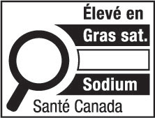 This figure shows a nutrition symbol for the principal display panel that indicates that a prepackaged product is high in saturated fat and sodium. This symbol is in French only. There is a white rectangular box outlined by a thin black line. At the top of the box is the heading “Élevé en” in black, bold, lower case letters, except that the first letter of the first word is in upper case. Under the heading is a left-justified black magnifying glass with three bars stacked to its right. There is a small amount of white space between the magnifying glass and the left side of the three bars. This left side forms a concave curve that follows the curvature of the magnifying glass. There is a small amount of white space between each bar, as well as between the right side of the bars and the thin black line that outlines the box. The first bar is black and contains the words “Gras sat.” in white, bold, lower case letters, except that the first letter of the first word is in upper case. The second bar is white, is outlined by a thin black line and contains no words. The third bar is black and contains the word “Sodium” in white, bold, lower case letters, except that the first letter is in upper case. Centred at the bottom of the box are the words “Santé Canada” in black, lower case letters, except that the first letter of each word is in upper case.
