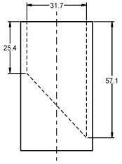 Illustration depicting measurements for a small parts cylinder. The small parts cylinder is a hollow cylinder with an inner diameter of 31.7 mm. A plate (or similar device) is placed inside the cylinder at a 45 degree angle such that the minimum depth of the cylinder is 25.4 mm and the maximum depth of the cylinder is 57.1 mm. No specifications are provided for the wall or floor thickness of the cylinder.