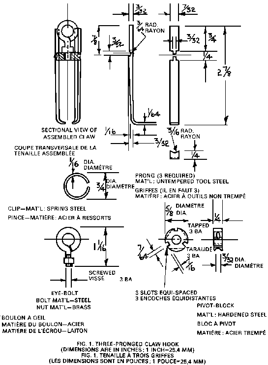 Illustration des spécifications et des mesures d’une tenaille à trois griffes (Les dimensions sont en pouces; 1 pouce = 25,4 mm). La tenaille comprend trois griffes fixées à un disque et courbées vers l’intérieur pour s’accrocher aux yeux ou au nez d’un jouet. La contraction simule le saisissement d’une main humaine comme un pouce, un index et un majeur qui se replient ensemble. Les griffes orientées vers l’intérieur simulent, quant à eux, les ongles d’une main.