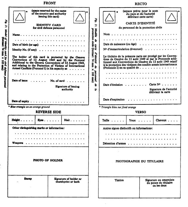 Model of an International Committee of the Red Cross (ICRC) identity card for civil defence personnel (format: 74 mm x 105 mm) front and reverse side views.