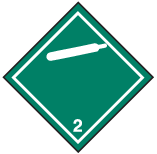 Green square on point, with in white: a line inside the edge, a gas cylinder symbol in the top corner and the number “2” in the bottom corner.