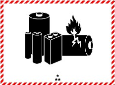 White rectangle with red border hatching, and in black: a group of batteries, one damaged and emitting flame. Below the batteries there is one asterisk centered above two asterisks.
