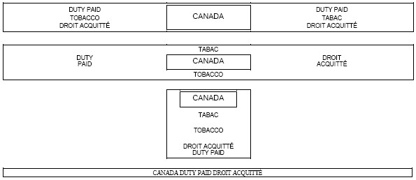 Séries de quatre contours de rectangle contenant le texte suivant Duty Paid Tobacco Droit acquitté Canada (contour rectangulaire) Duty Paid Tabac Droit acquitté, Duty Paid Tabac Canada (contour rectangulaire) Tobacco Droit acquitté, Canada (contour rectangulaire) Tabac Tobacco Droit acquitté Duty Paid, Canada Duty Paid Droit acquitté