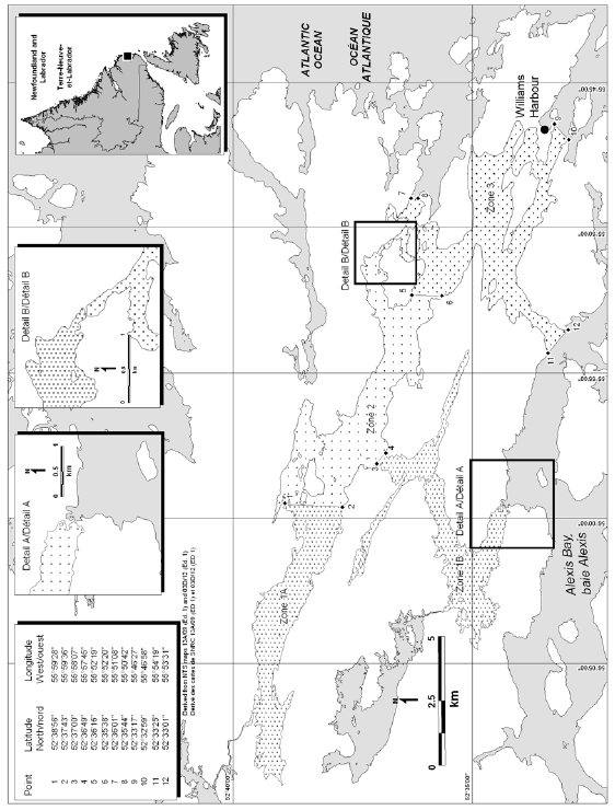 Map of Gilbert Bay Marine Protected Area with latitude and longitude coordinates for twelve points outlining the management zones within the area.
