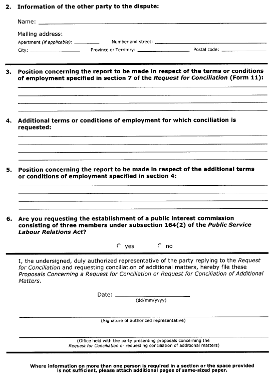 Continued Form 12 (Section 52) Proposals Concerning a Request for Conciliation or Request for Conciliation of Additional Matters