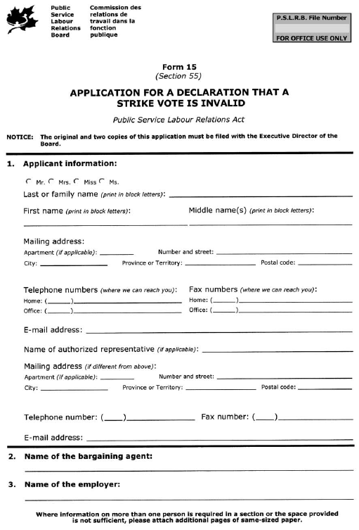 Form 15 (Section 55) Application for a Declaration that a Strike Vote is Invalid