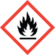 The image of a flame with a thick black edge and the middle of the image, also in the shape of a flame, is white. This image rests above a horizontal black line of the same width as the black contour of the flame. This symbol is used to warn about the presence of a flammability hazard. The image is set inside a red square set on a point.