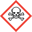 The image of a black outline of a skull with a white background and black eyes and nose, over two crossed bones depicted by black outlines on white backgrounds. This symbol is used to warn about the presence of an acute toxicity hazard. The image is set inside a red square set on a point.