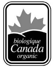 Logo à quatre côtés avec coins arrondis et bordures extérieure et intérieure. Au sein de la bordure intérieure, la moitié supérieure d’une feuille d’érable se présente au-dessus de deux collines avec le texte biologique Canada organic inscrit au-dessous.