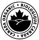 Logo circulaire avec bordures extérieure et intérieure. Entre les bordures extérieure et intérieure, le texte BIOLOGIQUE CANADA CANADA ORGANIC est inscrit en forme circulaire. Dans la bordure circulaire intérieure, la moitié supérieure d’une feuille d’érable se présente au-dessus de trois collines.