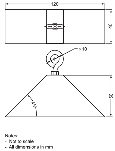 Illustration depicting specifications and measurements of the metallic loading wedge for the test of openings for cribs, cradles and bassinets. The loading wedge is in the shape of a trapezoidal prism. The trapezoidal face has the following measurements: a base of 120 mm, a height of 50 mm, and both of the base angles are 45 degrees. The depth of the prism is 40 mm. An eyebolt rises from the top of the prism and has a 10 mm hole in it.