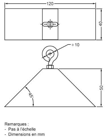 Illustration de spécifications et des mesures du prisme trapézoïdal métallique pour l’essai des ouvertures des lits d’enfant, des berceaux et des moïses. Les dimensions de la face trapézoïdale sont : base de 120 mm, hauteur de 50 mm et les angles de la base sont de 45 degrés. La profondeur du prise est de 40 mm. Le prisme est doté d’un anneau sur le dessus dont l’ouverture mesure 10 mm.