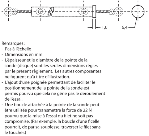 Illustration de spécifications et mesures de la sonde de l’essai de vérification de la taille des mailles du filet des lits d’enfant, des berceaux et des moïses. La sonde est une tige cylindrique dotée d’un disque de 1,6 mm d’épaisseur à une extrémité et d’un diamètre de 6,4 mm et d’un point d’attache à l’autre extrémité (boucle) sur lequel on peut attacher un poids ou un instrument.