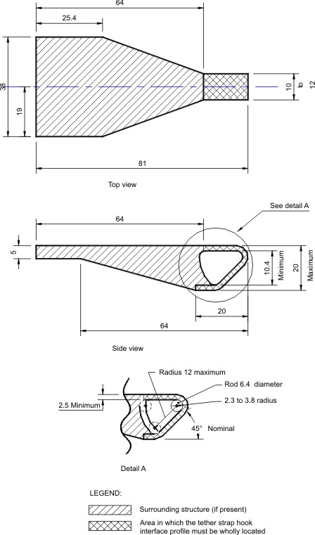 Diagram of Interface Profile of Tether Strap Hook with measurements and specifications.