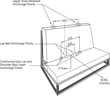 Diagram of Three-dimensional Schematic View of Standard Seat Assembly Indicating Location of Seat Belt Anchorage Points with measurements and specifications.