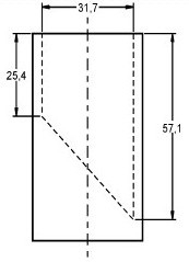 Illustration of measurements for a small parts cylinder. The small parts cylinder is a hollow cylinder with an inner diameter of 31.7 mm. A plate (or similar device) is placed inside the cylinder at a 45 degree angle such that the minimum depth of the cylinder is 25.4 mm and the maximum depth of the cylinder is 57.1 mm. No specifications are provided for the wall or floor thickness of the cylinder.